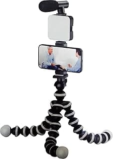 حامل تصوير للهاتف PK-775 5 في 1، مثبت كاميرا مع إضاءة LED، ميكروفون، ومقبض U-Grip - (أسود)