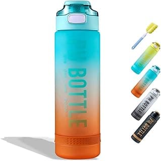 Water Bottle 1000 ml, Motivational Sports Water Bottle 1 Litre with Time Markers, BPA Free, Shatterproof, Portable Sports Bottle for Bike, Camping (Blue Orange)