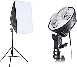 طقم استوديو تصوير 3 في 1، يشمل حامل لـ 4 لمبات، عمود إضاءة 2 متر، وسوفت بوكس 50×70 سم، فيشة أوروبية