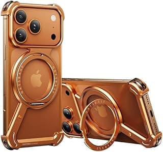 جراب لايفون 17 Pro Max مقاس 6.9 بوصة، حامل مغناطيسي دوار 360 درجة، تصميم إطار معدني ألومنيوم مقاوم للصدمات (برتقالي)