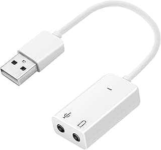 محول صوت خارجي USB 7.1 هونجلي من منفذ USB2.0 إلى منفذ صوت 3.5 ملم، محول بمخرج صوت ومدخل ميكروفون بميزة التوصيل والتشغيل متوافق مع نظام ويندوز/فيستا/ ويندوز 7/ لينكس/WinCE/ اندرويد/ماك، ابيض