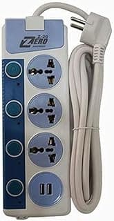 Zero 3-outlet and 2-USB power strip/power distribution panel with 3 universal sockets and 2 USB charging ports, equipped with an on/off button for each socket and a wall mounting hole.