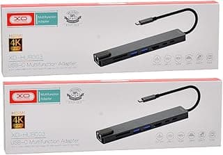 موزع HUB003 متعدد الوظائف 8 في 1 بمنفذ USB-C، يدعم HDMI و2x USB2 وشحن سريع PD وقارئ بطاقات SD وTF ومنفذ ايثرنت RJ45، طقم من 2 - اسود