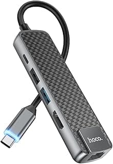 هوكو HB23 - موزع متعدد الوظائف 5 في 1، USB-C الي HDMI + USB3.0 + USB2.0 + RJ45 + PD، يدعم 4K 30Hz، شحن حتى 60W، متوافق مع ويندوز وماك - لون رمادي معدني