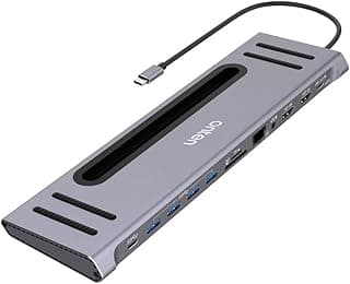 قاعدة توصيل 12 في 1 من اونتين، 2 HDMI 4K، 2 USB النوع C، و4 USB 3.0، منفذ جيجابت، قارئ بطاقات SD/TF، مدخل صوت 3.5 ملم لماك بوك/ برو/ اير، ايباد برو، اللاب توب، التابلت، الموبايلات OTN-9199 (رمادي)