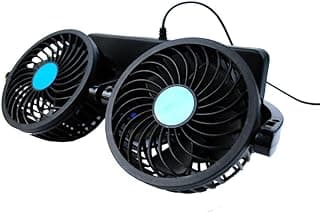 Dual Head Car Fan, 12V, 360° Flexible Neck, 2 Speed Control, Powerful Silent Cooling for Dashboard & Backseat, Black