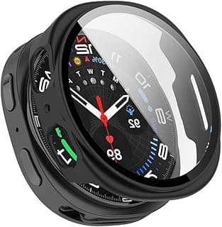 جراب مع واقي شاشة لساعة سامسونج Galaxy Watch 8 مقاس 44 مم 2025، طبقة زجاج مقوى مدمجة بحساسية عالية (أسود)