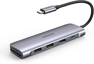 محور USB C من يوجرين 6 في 1 يحتوي علي منفذ HDMI ل 4K مع منفذين 3 وقارىء بطاقة اس دي و تي اف ويعمل كمنظم شحن قدرة 100 وات لجهاز ماك بوك برو اير اصدار 2020-2019-2018 متعدد الألوان