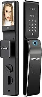 قفل باب ذكي X10 من ICONIC مزود بكاميرا وخاصية التحدث فيديو مباشر , يعمل عن طريق بصمة الوجه Face ID او بصمة الاصبع او الكف او الباسورد او تطبيق الهاتف TUYA او كروت مغناطيسية او مفتاح امان