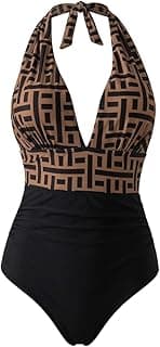 Swim Lushoire Women's Vacation Geometric Print Plunging Neck One-Piece Swimsuit For Summer Multicolour - size