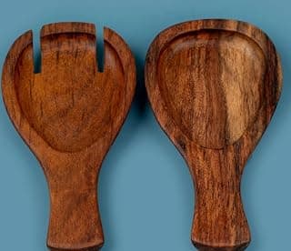 Carved Wooden Salad Servers, Hand-Carved Wood Ladle and Fork Set, 2 Pieces