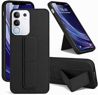 جراب خلفي لهاتف Vivo Y29 4G مع حامل مغناطيسي للسيارة، سيليكون ناعم، مسند أفقي ورأسي، حزام معصم، حماية كاملة ضد البصمات (أسود)