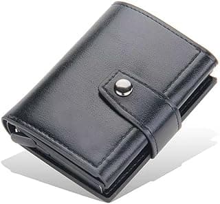 محفظة جلد مع حامل بطاقات ألومنيوم منبثق – حماية RFID، تتسع حتى 7 بطاقات (أسود)