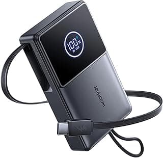 باور بانك JR-PR1 بقوة 10000 مللي امبير في الساعة 22.5 واط للشحن السريع، كيبل USB-C مدمج قابل للسحب، منفذ USB-C، شاشة رقمية LED، شاحن محمول صغير من جوي رووم، أسود