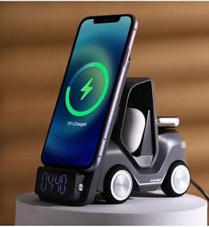 5-in-1 Car-Shaped Wireless Charging Station & Phone Stand - 15W Fast Wireless Charger Dock for iPhone & Android, Integrated AirPods Slot, Apple Watch Charger Stand, Digital Clock & Night Light,