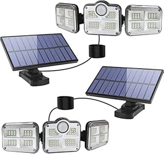 كشافات LED شمسية داخلية/خارجية مع مستشعر حركة و3 رؤوس قابلة للتعديل، كشاف حائط بزاوية واسعة 270 درجة: حماية أمان IP65 مع ريموت كنترول وكابلات 16.5 بوصة