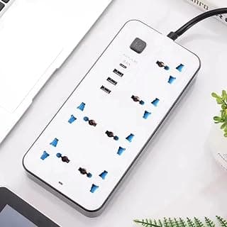 مشترك كهرباء متعدد - 2500 وات مع 3 منافذ USB ومنفذ Type-C، طول الكابل 2 متر (أبيض، 6 مخارج)