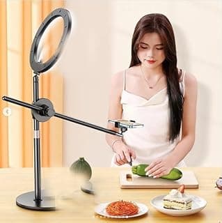 Horizontal mobile phone holder for photography and videography with LED ring light, 360-degree rotating armless live recording stick at a low angle