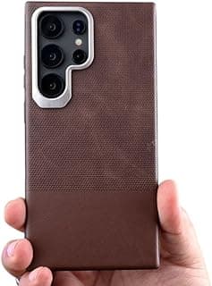 غطاء هاتف ثنائي الملمس متوافق مع Samsung Galaxy S25 Ultra، نسيج وجلد ، إطار معدني للكاميرا (بنى)