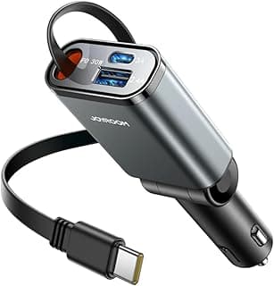 شاحن سيارة قابل للسحب طراز JR-CCL07، تصميم 3 في 1 – يحتوي على منفذ USB مزدوج ومنفذ نوع سي، شحن سريع وتصميم موفر للمساحة من جوي روم، متوافق مع أجهزة الموبايل والتابلت الذكية – لون رمادي غامق