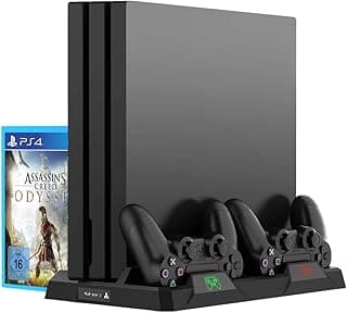 قاعدة تبريد رأسية ElecGear لجهاز PS4، مروحة تبريد، قاعدة شحن مزدوجة لأذرع التحكم مع مكان لتخزين 16 لعبة، متوافقة مع DualShock 4 و PS4 و PS4 Pro و PS4 Slim