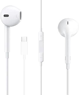 سماعات اذن سلكية بمنفذ USB C لجوال ايفون 15/15 برو/15 برو ماكس وايباد برو/اير سيريز مع موصل Tpye ستيريو هاي فاي لتقليل الضوضاء تحكم في مستوى الصوت والميكروفون