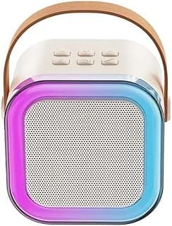 Portable Bluetooth Speaker with RGB Light and Microphone Input, Wireless Speaker with Leather Handle, 9x11cm