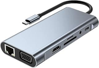 محول ZERO 11 في 1 من Type C إلى 4K HDTV مع LAN، VGA، صوت، 4 منافذ USB، وفتحات SD و TF - رمادي