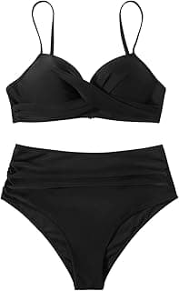 Womens High Waisted Bikini Tummy Control Color Block Swimsuits Two Piece Bathing Suit Pure Black Small