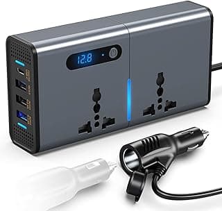 محول طاقة للسيارة FOKKAH بقدرة 200W، محول تيار مستمر 12/24V إلى تيار متردد 220V، شاحن بـ 3 منافذ USB ومنفذ Type-C مع مفتاح وشاشة LED، مناسب للسيارات وسيارات الدفع الرباعي والشاحنات (رمادي فضي)