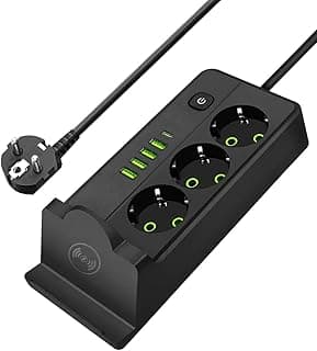 مشترك كهرباء ذكي 2500W مع شحن لاسلكي، 4 منافذ USB ومنفذ Type-C وسلك طاقة – حماية ذكية وتصميم عصري للمنزل والمكتب