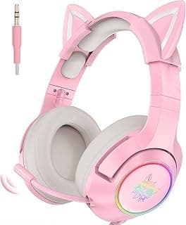 Onkuma K9 RGB Gaming Headset with Removable Cat Ears 7.1 Surround Sound Noise Cancelling Retractable Microphone 50mm Drivers for PS5 PS4 Xbox One PC Pink