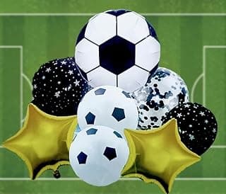 Soccer Theme Party Balloon Set 8 pcs, Football Design with Stars, Black and Gold, Balloon Party Birthday Decoration for Baby shower boy man Birthday party