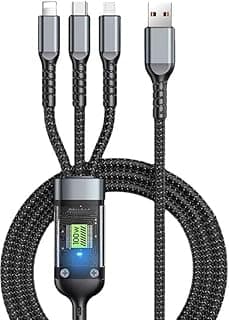 كابل USB متعدد 3 في 1، نايلون مضفر، شحن سريع 6 امبير/100 وات، شريحة ذكية، متوافق مع Lightning/Micro/Type-C - اسود