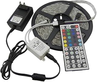 شريط إضاءة LED RGB بطول 5 متر موديل 3528 مقاوم للرذاذ، متعدد الألوان مع ريموت كنترول ومحول طاقة، إضاءة مرنة للديكور المنزلي وغرف النوم وخلف التلفزيون