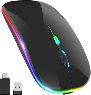 ماوس مكتب لاسلكي ضوئي ليد بتصميم رفيع وصامت بسرعة 2.4 جيجاهرتز محمول مع مستقبل USB ونوع سي و3 مستويات DPI قابلة للتعديل لأجهزة نوت بوك والكمبيوتر واللاب توب وماك بوك من اوكيمو (لون أسود ساطع)