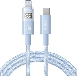كابل Baseus بقدرة 20W PD من نوع Type-C إلى Lightning مع شاشة LED لعرض الطاقة (1 متر) - سلك شحن سريع مجدول من النايلون ومزامنة بيانات بسرعة 480 ميجابت في الثانية لأجهزة ابل ايفون 14 Pro Max /13/12/11/Xs Max/8Plus (أزرق)