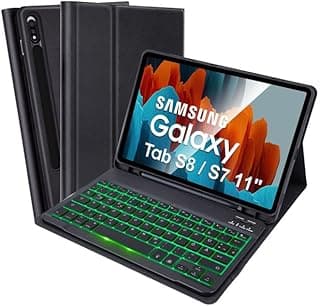 جراب مع كيبورد لـ سامسونج Galaxy Tab S8/Tab S7، كيبورد لاسلكي بإضاءة 7 ألوان، جراب حماية مع مكان للقلم لـ Tab S8 11 بوصة 2022/Tab S7 11 بوصة 2020 - ألماني QWERTZ، أسود