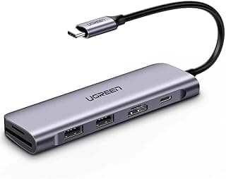 موزع USB C من يوجرين 6 في 1 دونجل الى HDMI 4K، منفذين USB 3.0 قارئ بطاقة SD وتي اف، محول شحن وتوصيل طاقة 100 وات، قاعدة شحن لماك بوك برو اير (70411)، فضي
