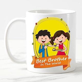 مج بطباعة Happy Rakshabandhan من اكسيتينج لايفز- هدايا مج سيراميك - سلسلة مفاتيح مع قاعدة أكواب راخي للأخوة - 330 مل