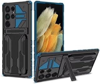 Compatible with Samsung Shock Absorbent Protective Case Cover with Card Holder Kickstand Camera Protection Shockproof Anti-Scratch Stylish Unique Design (Blue, S22 Ultra)