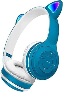 Wireless Bluetooth Over Ear Headphones, Foldable Headset with Built-in Microphone and LED Light Up Light, Support Wired Mode for iPhone, iPad, Samsung, PC for Kids and Adults (Blue)