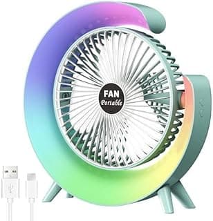 مروحة مكتب محمولة مع إضاءة RGB، شحن USB، بطارية 1800 مللي أمبير، 3 سرعات، أخضر