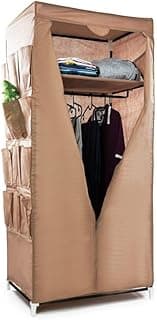 Fabric Foldable Clothes Storage Cabinet with Shelf and Hanger Holder and 12 Side Storage Pockets 160x50x75 cm Beige Beige