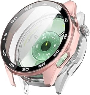 جراب حماية صلب مع واقي شاشة زجاج مقسى متوافق مع ساعة هواوي GT6 مقاس 46mm، غطاء PC فائق النحافة لحماية كاملة لساعة هواوي GT6 مقاس 46mm (وردي)