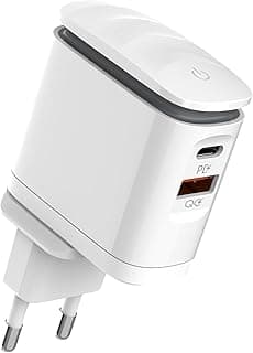 شاحن حائط سريع A2423C بفيشة بريطاني نوع C إلى كابل لايتنينج مع منافذ USB/نوع C ومصباح LED ليلي من لدينو - أبيض