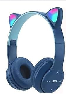 Wireless Bluetooth Headset Stereo RGB LED Light Cat Music Headset with Memory Card Support Built-in Mic for Laptop Phone PC p47m (Blue)