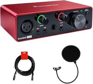 Focusrite Scarlett Solo 3rd Gen حزمة كارت صوت USB مع كابل ميكروفون XLR ذكر إلى أنثى بطول 25 قدم، وفلتر بوب للبث وتسجيل الميكروفونات (3 قطع)