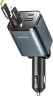 Joyroom JR-CCL05 4-in-1 Retractable Car Charger - Dual USB & Type-C Ports, Fast Charging, Space-Saving Design, Compatible with Smartphones & Tablets - Dark Grey