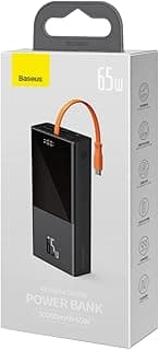باور بانك رفيع 20000 مللي امبير في الساعة بمنفذ شحن سريع USB-C وQC4.0 وPD ‏65 وات و4 مخارج لابل ماك بوك وديل ومايكروسوفت سيرفس واتش بي ونوت بوك وايباد وايفون وجالاكسي وام اس اي واسوس، من باسيوس، أسود